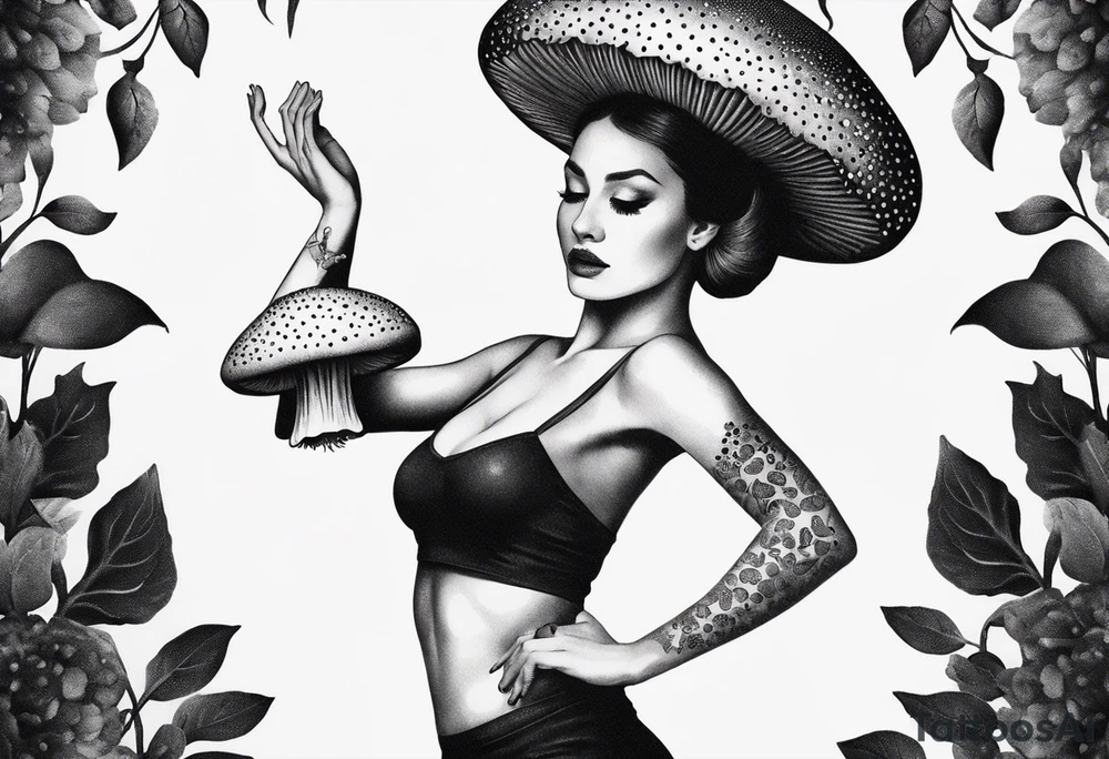 woman dancing around a mushroom tattoo idea