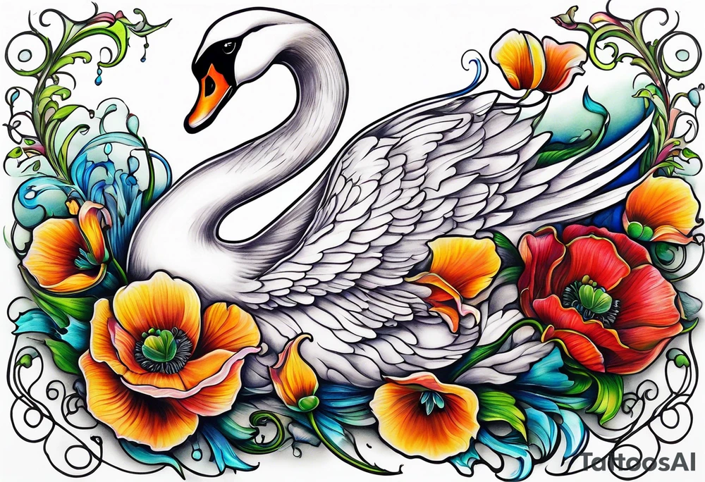 Colorful swan tattoo with poppies, Lily of the valley, sweet pea flower, honeysuckle tattoo idea