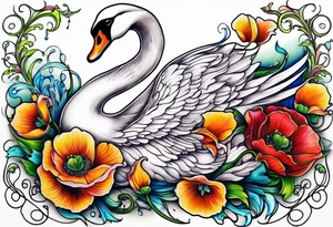 Colorful swan tattoo with poppies, Lily of the valley, sweet pea flower, honeysuckle tattoo idea