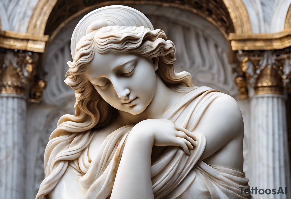 marble statue depicted in the process of breaking free from its stone confines, symbolizing the liberation of the mind and the pursuit of higher understanding. The statue's form, sculpted with meticulous detail, appears to be emerging from a celestial shell adorned with cosmic motifs and swirling galaxies. As the shell fractures, radiant beams of light pierce through, illuminating the surrounding space in a breathtaking display of enlightenment and awakening. In the background, a vast expanse of stars and celestial bodies stretches into infinity, evoking a sense of wonder and boundless potential. This tattoo serves as a powerful metaphor for breaking free from limitations and embracing the expansive universe of knowledge and possibility. tattoo idea