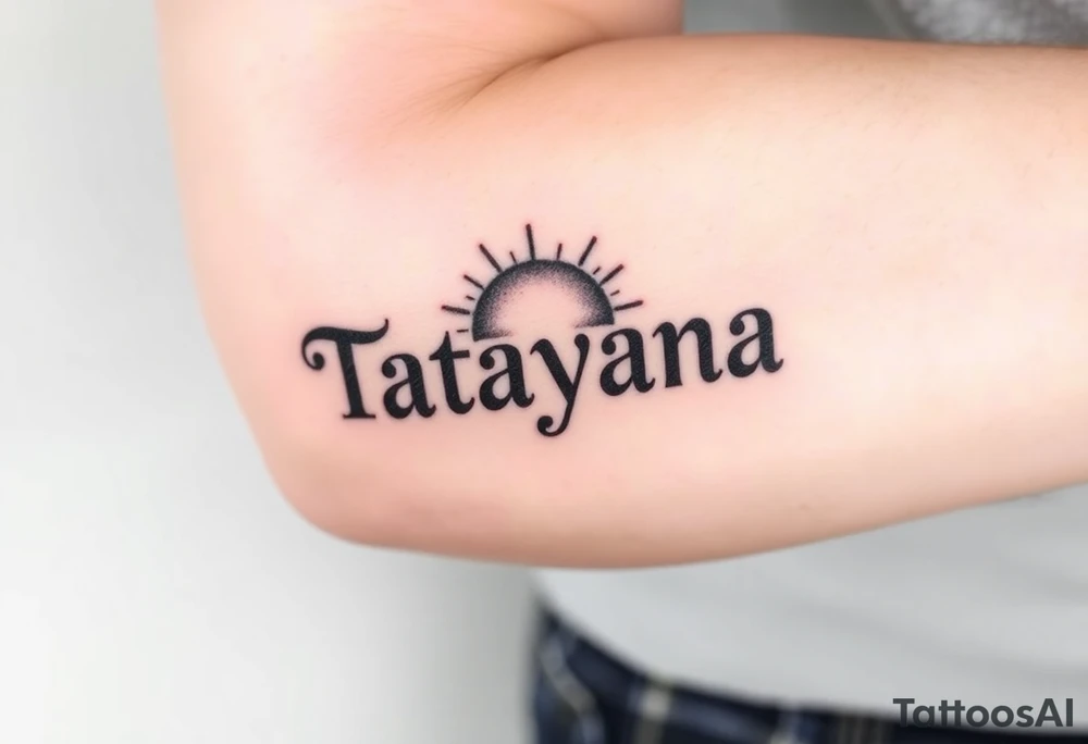 Tatayana name tattoo for a father using old English lettering and sun and moon tattoo idea