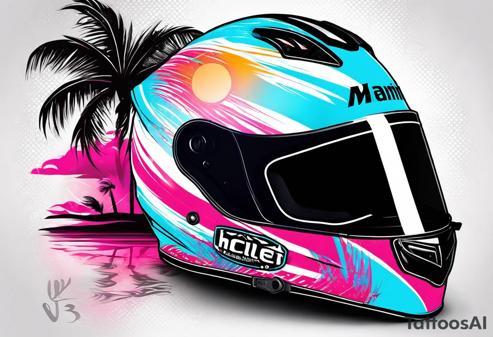 Formula 1 helment with the Miami name a palm tree and light blue black and pink colors 3/4 view tattoo idea