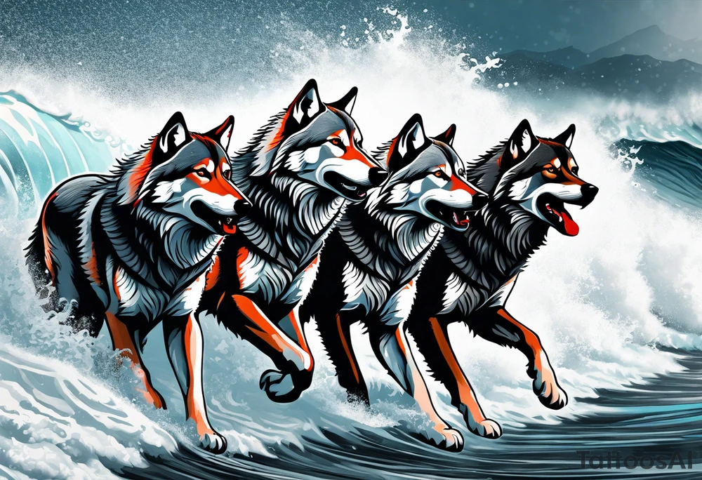 a pack of howling muscular  gray wolves surfing waves with a linear background with red, white and black and gray tattoo idea
