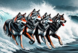 a pack of howling muscular  gray wolves surfing waves with a linear background with red, white and black and gray tattoo idea