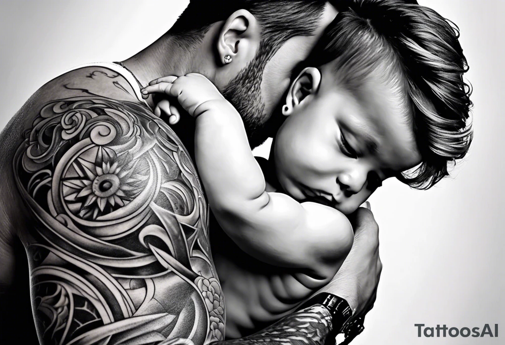 Father and baby son half sleeve tattoo idea