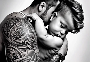 Father and baby son half sleeve tattoo idea