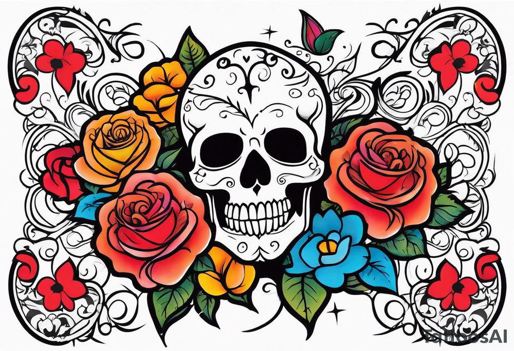 chest tattoo, from shoulder to shoulder, contains skulls, roses and muertos style girls tattoo idea