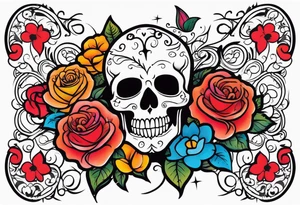 chest tattoo, from shoulder to shoulder, contains skulls, roses and muertos style girls tattoo idea
