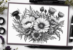 simple wildflower bouquet including thistle with the lyricas "And I won't let me insecurities define who I am" around it tattoo idea