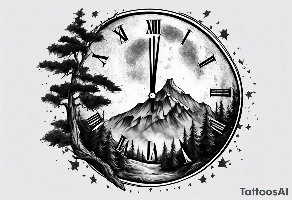A moon with a face of clock. A mountain in the back ground. The tress in front of the moon tattoo idea