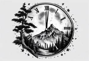 A moon with a face of clock. A mountain in the back ground. The tress in front of the moon tattoo idea