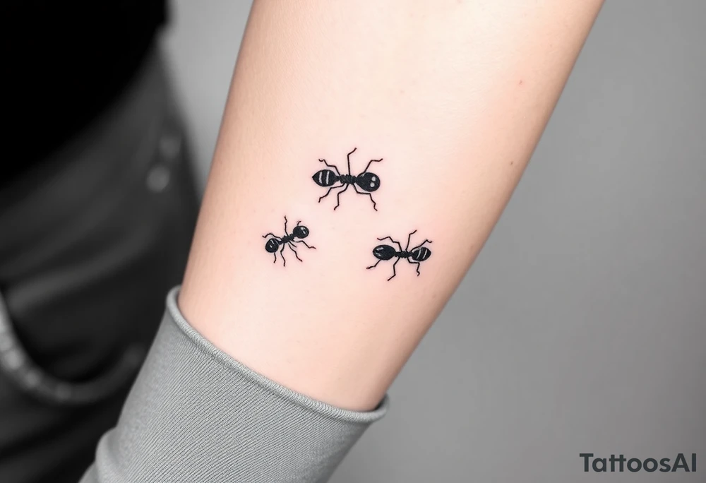 Fine line trio of black ants tattoo idea