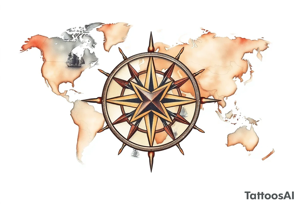 antique compass rose overlaid on weathered world map with sailing ships tattoo idea