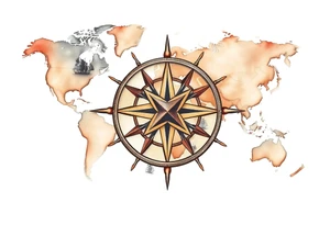 antique compass rose overlaid on weathered world map with sailing ships tattoo idea