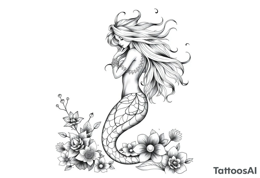 ethereal mermaid with flowing hair among coral and sea flowers tattoo idea