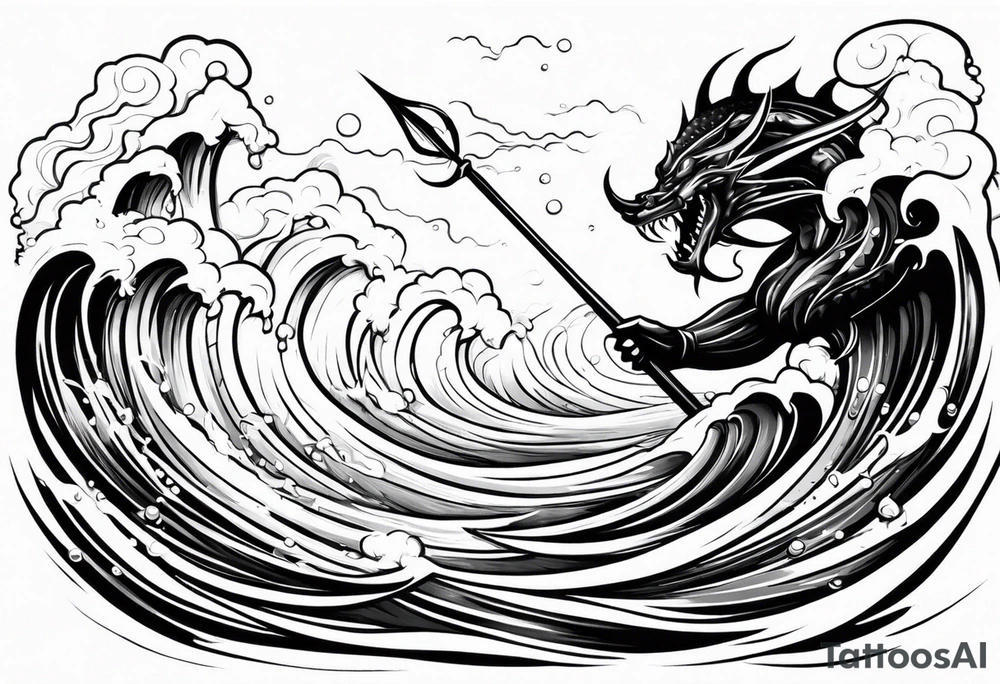 posseidon with his trident in the water fighting a sea water monster tattoo idea
