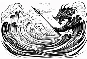 posseidon with his trident in the water fighting a sea water monster tattoo idea