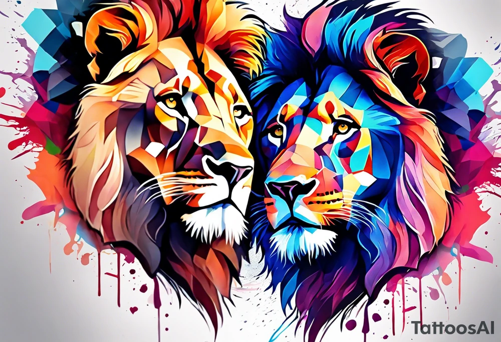 geometric Lion and Lioness Tattoo. Water Colour splash back. Lion on one side, Lioness on the other. Power and love tattoo idea