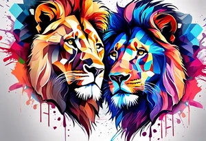 geometric Lion and Lioness Tattoo. Water Colour splash back. Lion on one side, Lioness on the other. Power and love tattoo idea