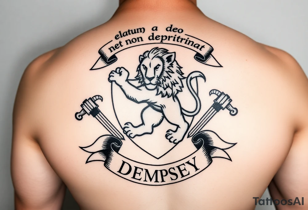 A rampant lion in between two swords with a shield surrounding both the lion and the swords. Above it are the words "elatum a deo non deprimat" inside on an outstretched scroll. And at the bottom it will say "DEMPSEY" inside of an outstretched scroll tattoo idea