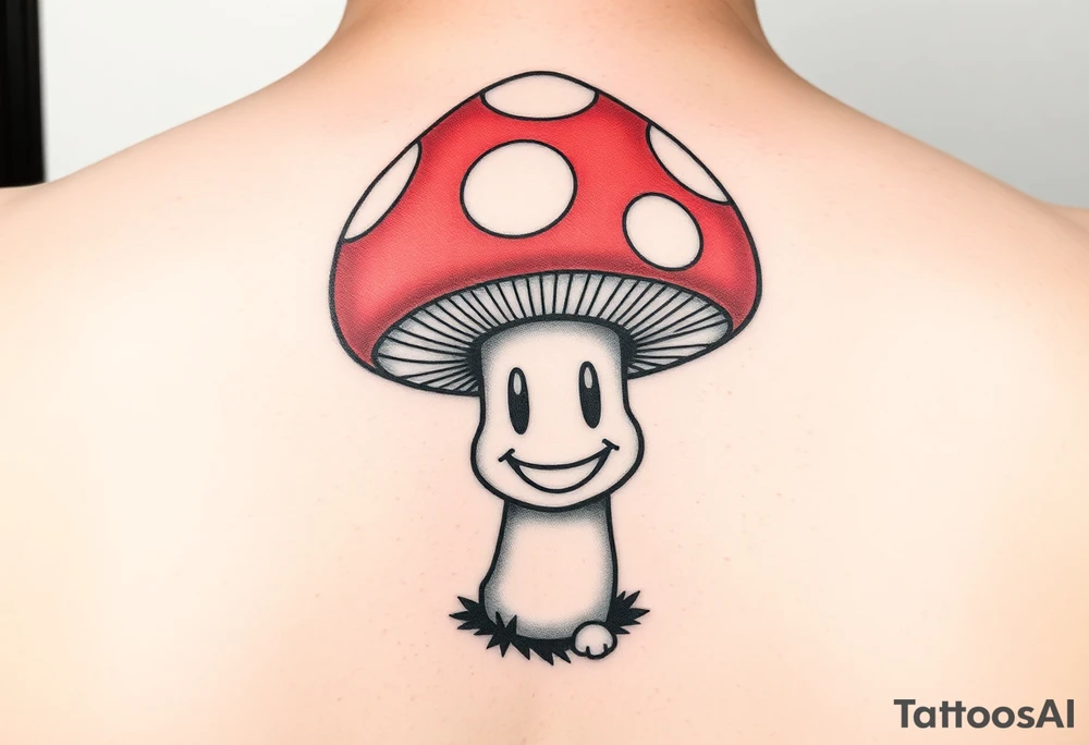 A POWERFUL AND UNIQUE MUSHROOM.. THE MUSHROOM IS PSYCHADELLIC AND GROVING A HAPPY FACE. THE MUSHROOM HAS A SIMPLE SMILING HAPPY FACE IN THE STEM. THE CAP IS LARGE AND RESEMBLES TOAD FROM MARIO. THE CAP OF THE MUSHROOM IS RED. THERE ARE WHITE SPOTS ON THE CAP OF THE MUSHROOM. THE WHITE SPOTS ON THE CAP OF THE MUSHROOM SPELL THE WORD LYLA. tattoo idea
