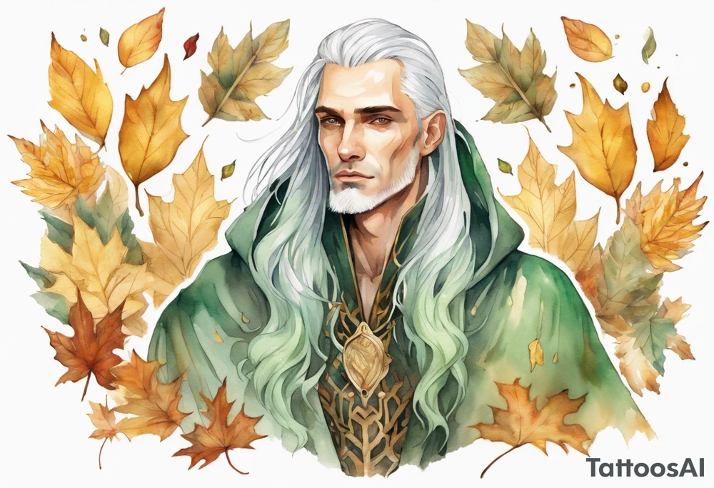 A thin handsome man with pale green skin with long gold and silver hair wearing a gold cloak surrounded by autumn leaves tattoo idea