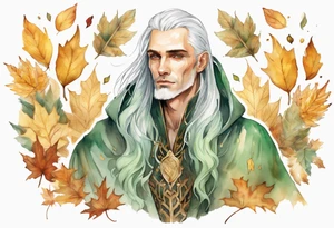 A thin handsome man with pale green skin with long gold and silver hair wearing a gold cloak surrounded by autumn leaves tattoo idea