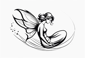 Minimalistic, monochromatic fairy with a tail flying to the left in a fetal position, leaning and looking in the same direction, with visible hands, embodying the 'Fairy Tail' logo aesthetic. tattoo idea