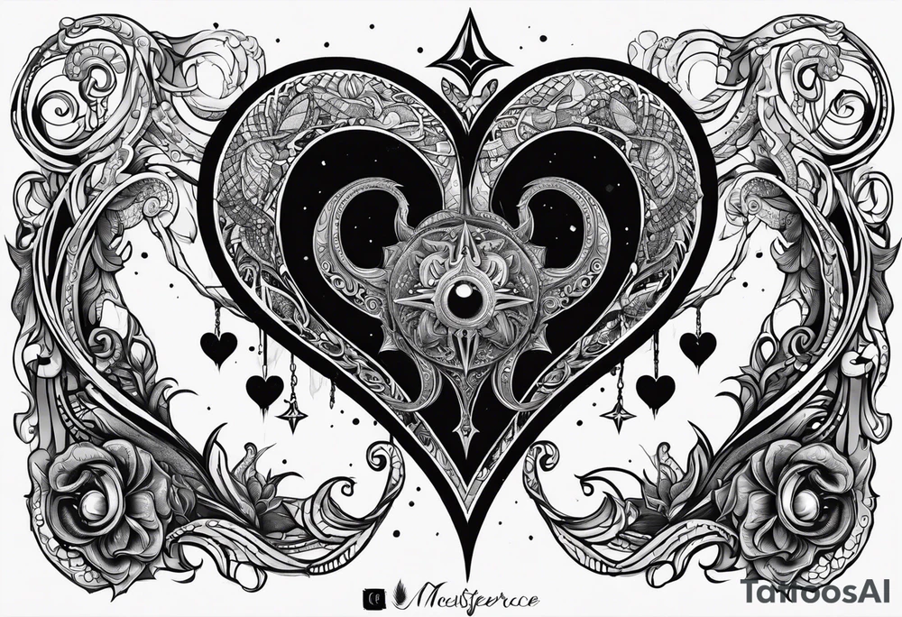 Long tattoo for arm. Lovecraftian creature, protecting a heart. Ctulhu. tattoo idea