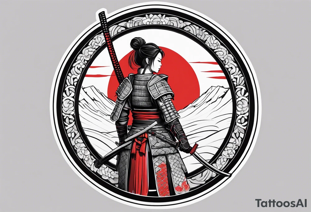 3 female samurai in body armor wielding swords back facing, in front of a red incomplete circle tattoo idea