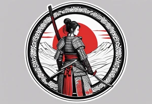 3 female samurai in body armor wielding swords back facing, in front of a red incomplete circle tattoo idea