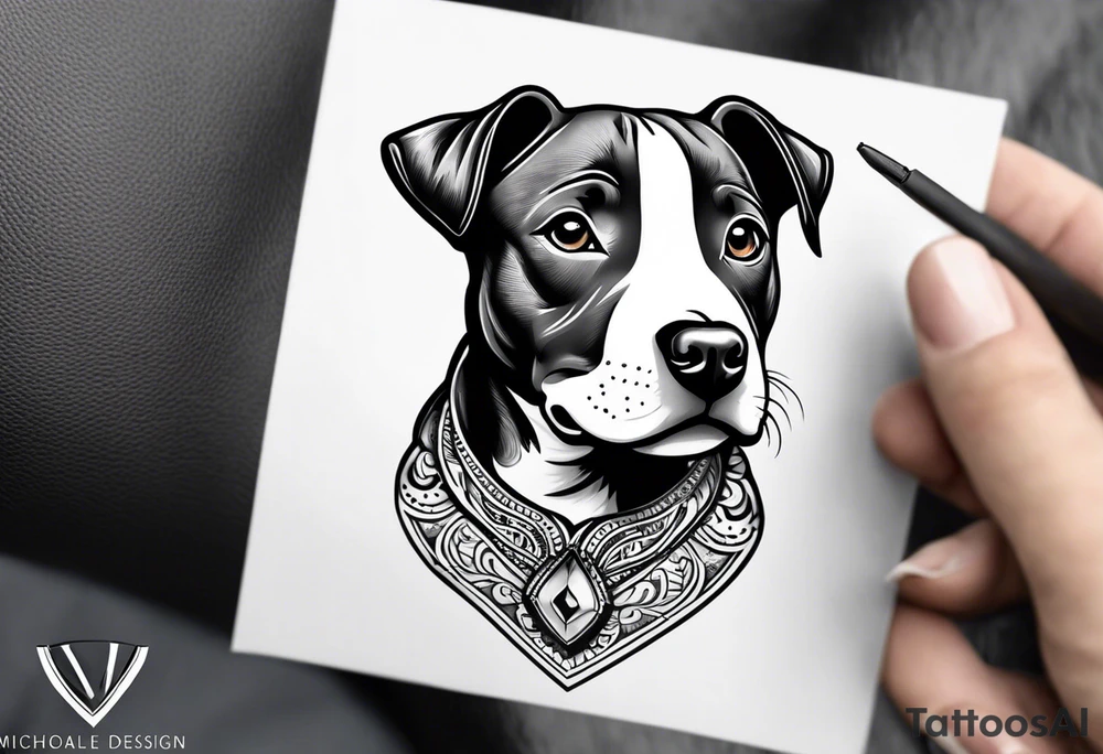 "A small, highly detailed tattoo design of an adorable Pitbull puppy, focusing on its expressive eyes and gentle facial features. The tattoo should capture the puppy's soft fur, with a slight smile and floppy ears, giving it a cute and friendly appearance. The design should be minimalistic and fine-lined, with realistic shading to emphasize the microrealistic style." tattoo idea