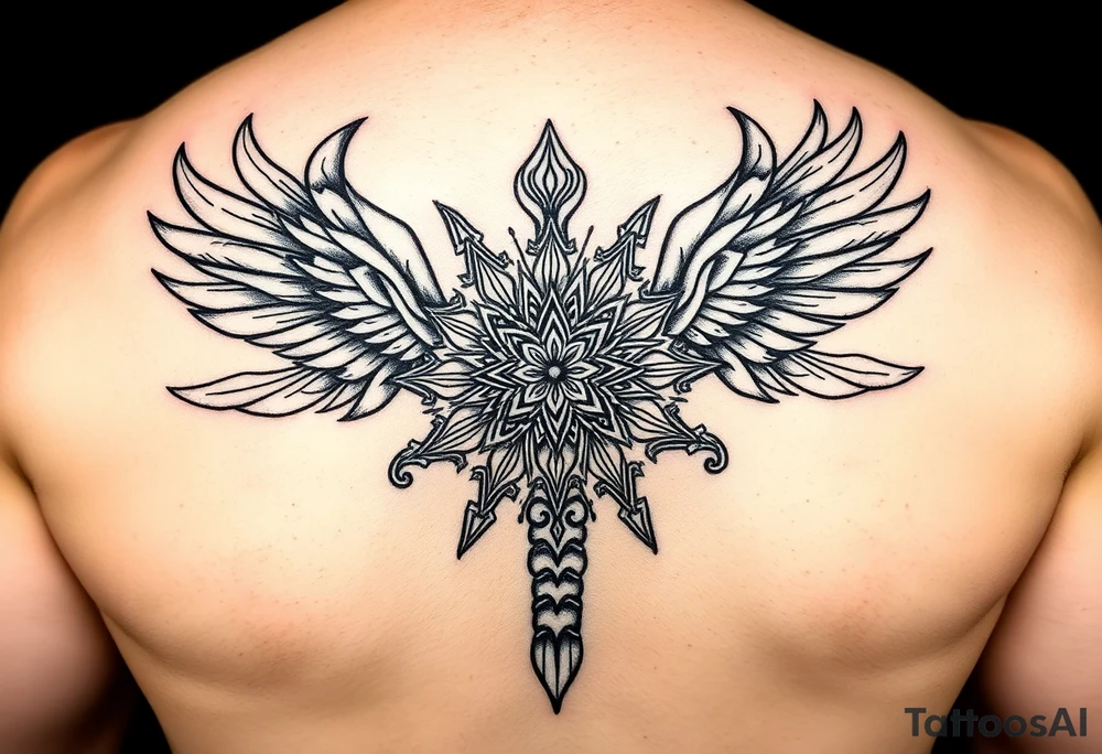 A stylized mandala incorporating elements of all three creatures. Scorpion tail forming the base, eagle wings creating symmetry, and phoenix feathers integrated as decorative patterns with flame textures. tattoo idea