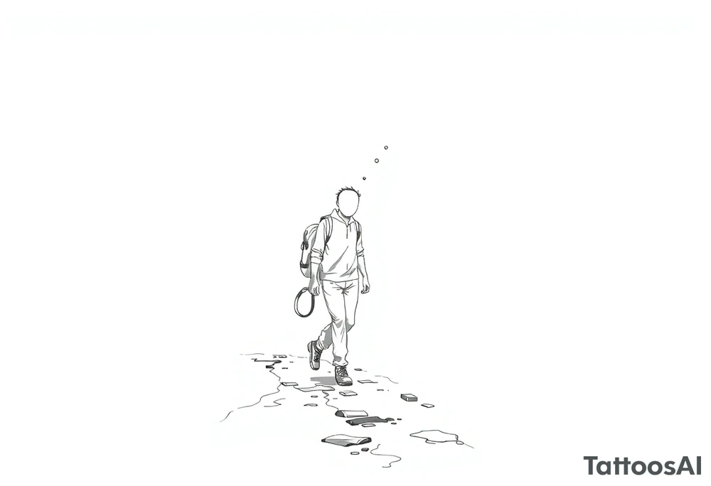 Everything everywhere all at once :Confusion and pressure in thin lines solo traveler with no face with his body parts left on the path behind him he’s walking carefully tattoo idea