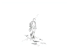 Everything everywhere all at once :Confusion and pressure in thin lines solo traveler with no face with his body parts left on the path behind him he’s walking carefully tattoo idea