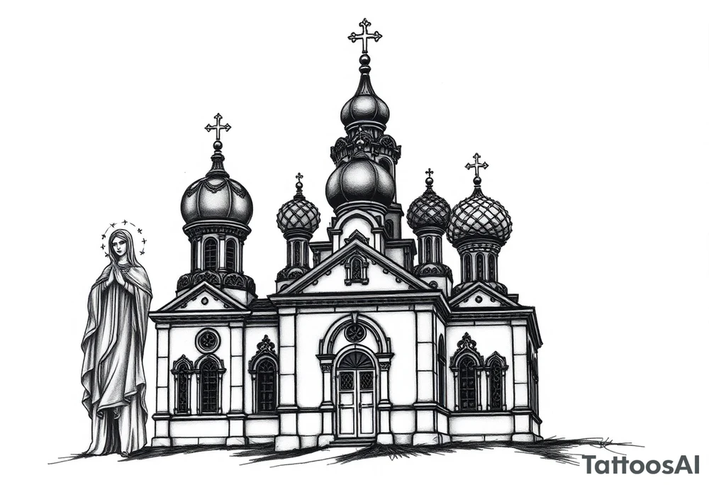 Russian orthodox church with bulb domes with a prominent russian orthodox style virgin mary stood outside to the left tattoo idea