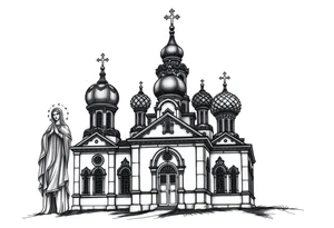 Russian orthodox church with bulb domes with a prominent russian orthodox style virgin mary stood outside to the left tattoo idea