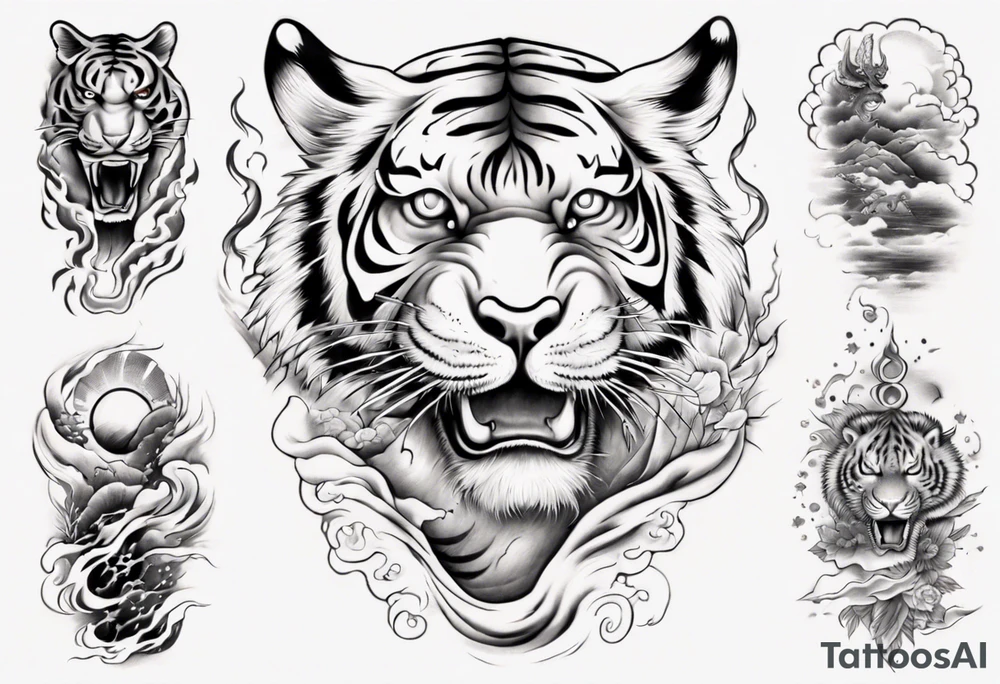 Tiger sleeve tattoo with lightning and the sun tattoo idea