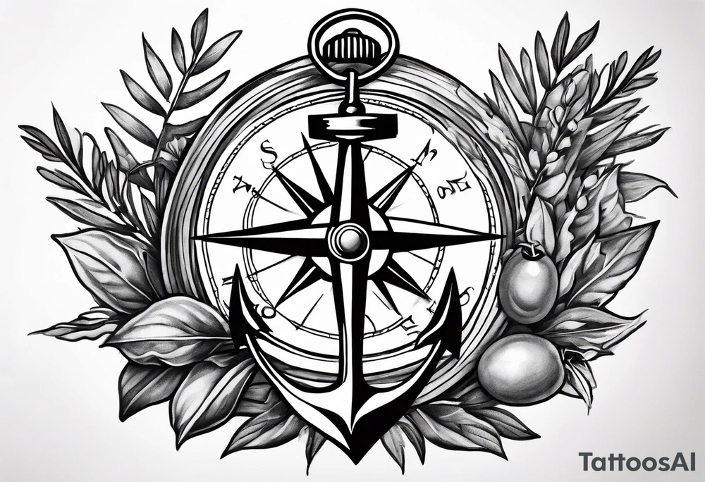 A selucid style anchor in front of a compass and a olive branch wreathe wrapped around the compass tattoo idea