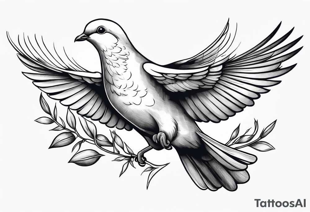 Dove soring through the air an olive branch in its beak whipping behind tattoo idea