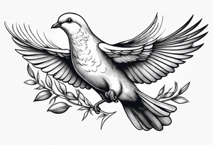 Dove soring through the air an olive branch in its beak whipping behind tattoo idea