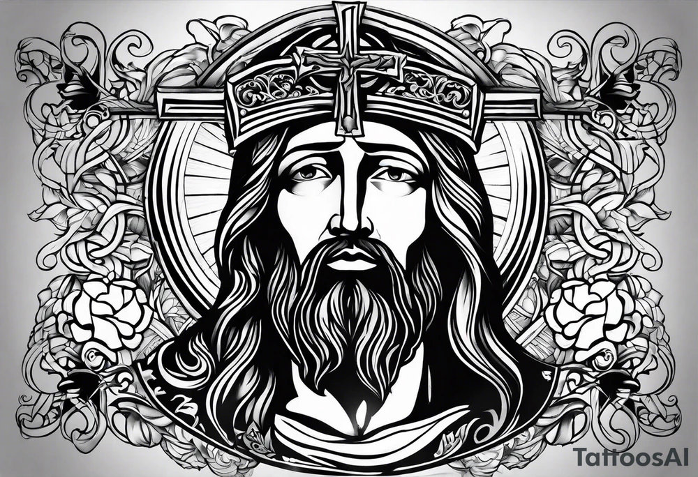 Catholic tattoo sleeve for a man. tattoo idea with Jesus on upper arm looking down tattoo idea