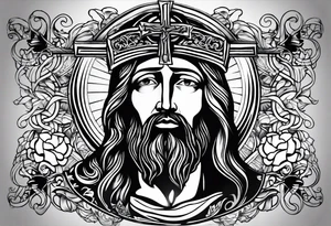 Catholic tattoo sleeve for a man. tattoo idea with Jesus on upper arm looking down tattoo idea