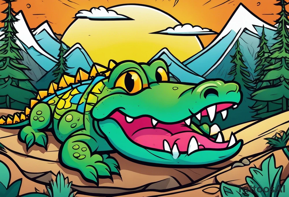 Cartoon alligator lost in the mountains tattoo idea