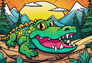 Cartoon alligator lost in the mountains tattoo idea