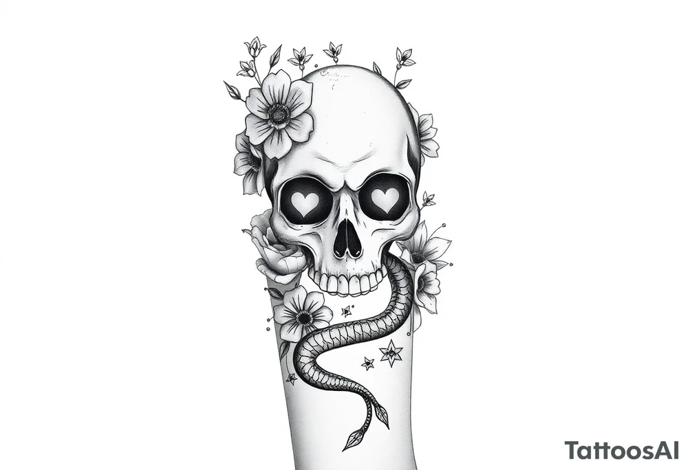 A half sleeve with Gothic pretty skull with heart shaped eyes surrounded by wildflowers and roses and a snake slithering through tattoo idea