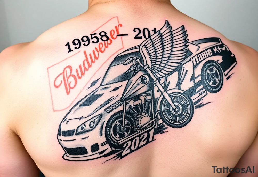 Dale Earnhardt car on it with the year 1958 - 2021 intertwined with a motorcycle with a Budweiser logo on it with a guardian angel wolf tattoo idea