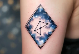 A Sagittarius constellation inside a geometric diamond frame with navy and silver nebula effects in the background. tattoo idea