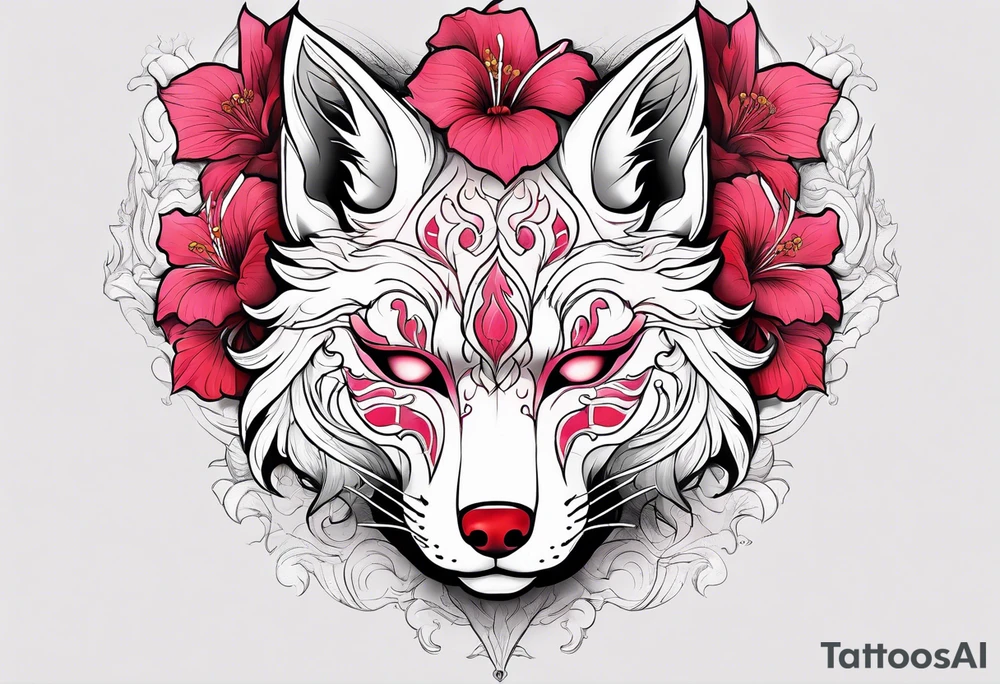 White half broken kitsune mask with red accents and pink hibiscus flowers tattoo idea