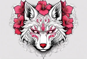 White half broken kitsune mask with red accents and pink hibiscus flowers tattoo idea
